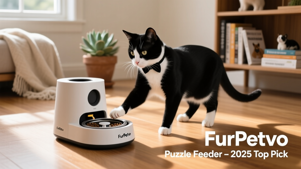 A confident cat interacting with a FurPetVo puzzle feeder, surrounded by natural light and wooden flooring