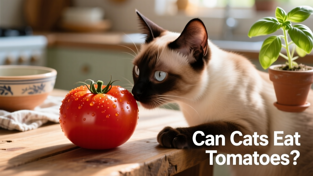A close-up of a bright red, ripe tomato next to a curious cat sniffing it gently