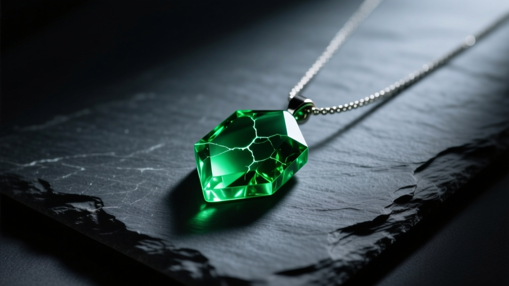 A glowing green kryptonite resin pendant necklace resting on dark slate, illuminated by dramatic, moody studio side lighting.