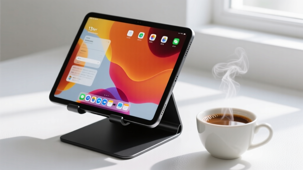 Matte black aluminum tablet stand holding a 13-inch device at a perfect 45-degree viewing angle next to a steaming coffee cup.