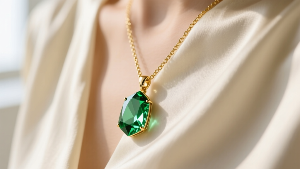 Close-up of a delicate 14k gold-filled chain holding a faceted sage green aventurine pendant resting on a cream silk blouse
