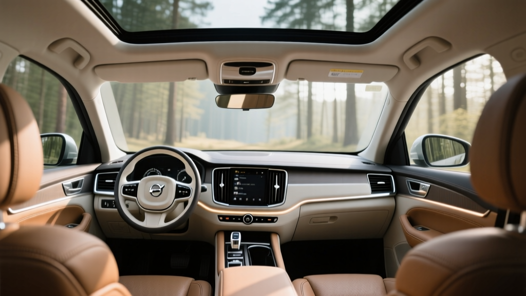 Interior view of the Volvo XC90 Recharge showing the minimalist dashboard and premium sustainable leather seating