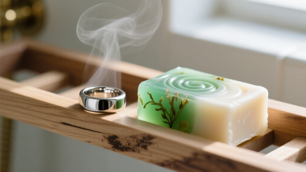 Minimalist stainless steel signet ring and a bar of glycerin soap resting on a wooden shower caddy with soft steam in background
