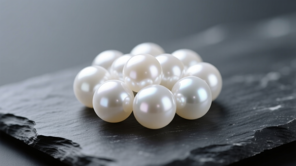 Macro shot of round white Akoya pearl components resting on dark slate, illuminated by soft directional studio lighting.