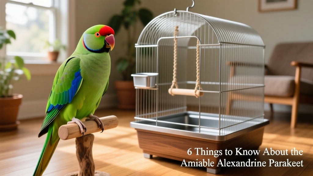 Side-by-side comparison showing an Alexandrine parakeet's full body length next to a standard-sized parrot cage