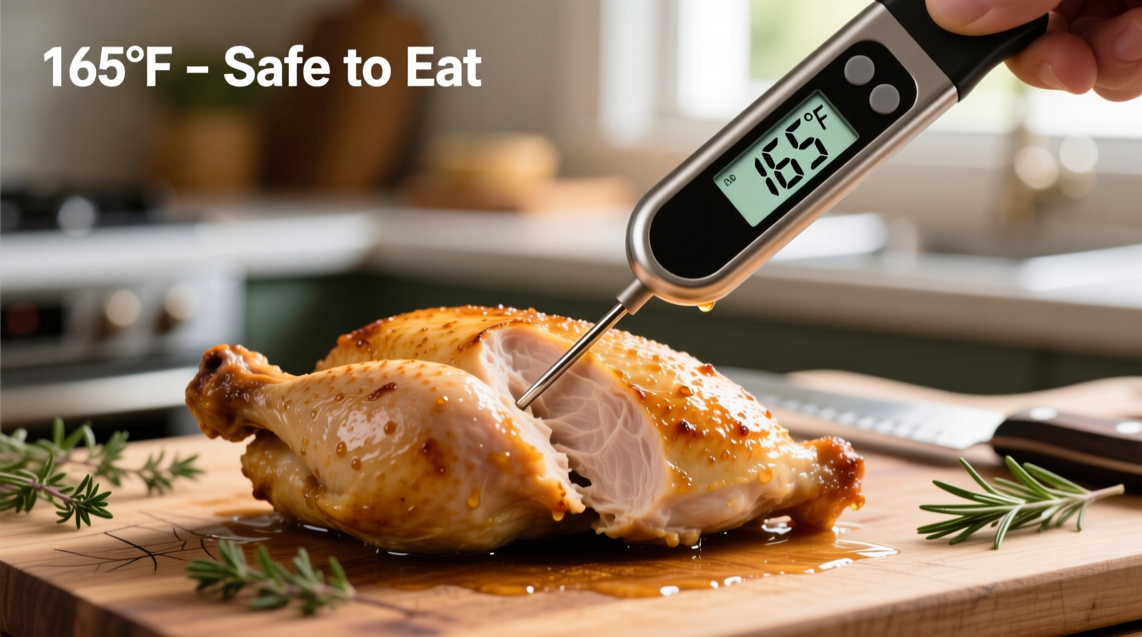 Food thermometer measuring cooked chicken temperature