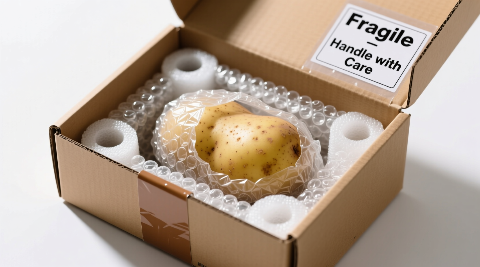 Properly packaged potato ready for mailing with cushioning materials