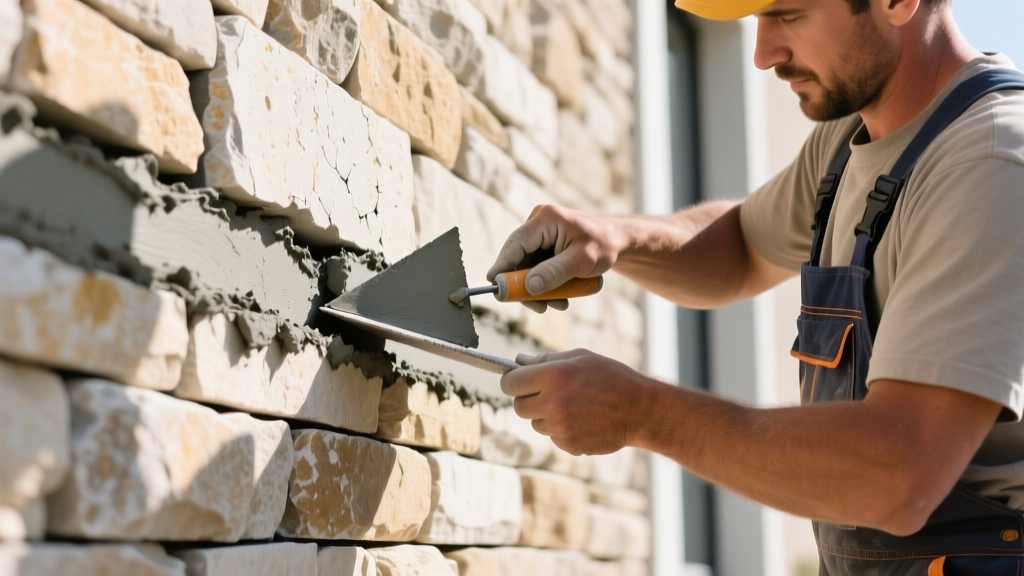 Mason using a pointing trowel to apply fresh gray mortar into a cracked joint between stacked limestone veneer panels on an exterior wall