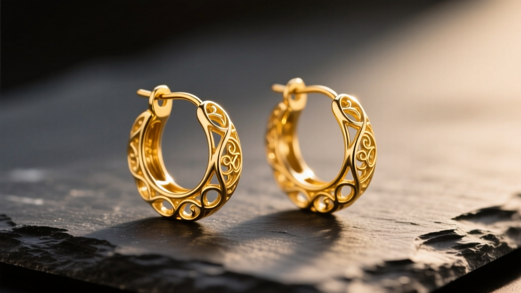 Macro shot of ornate 14k yellow gold vintage hoop earrings on dark slate, highlighting filigree details under soft warm lighting
