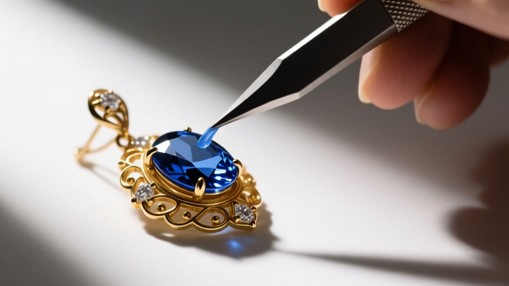 Jeweler applying UV resin adhesive with a micro-spatula to a loose saphiret cabochon in a vintage gold-plated earring setting