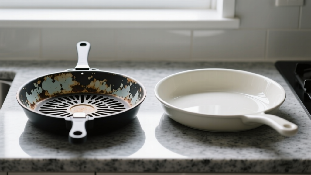 Close-up of warped generic non-stick air fryer grill pan next to a pristine OEM ceramic-coated replacement pan on a granite kitchen counter