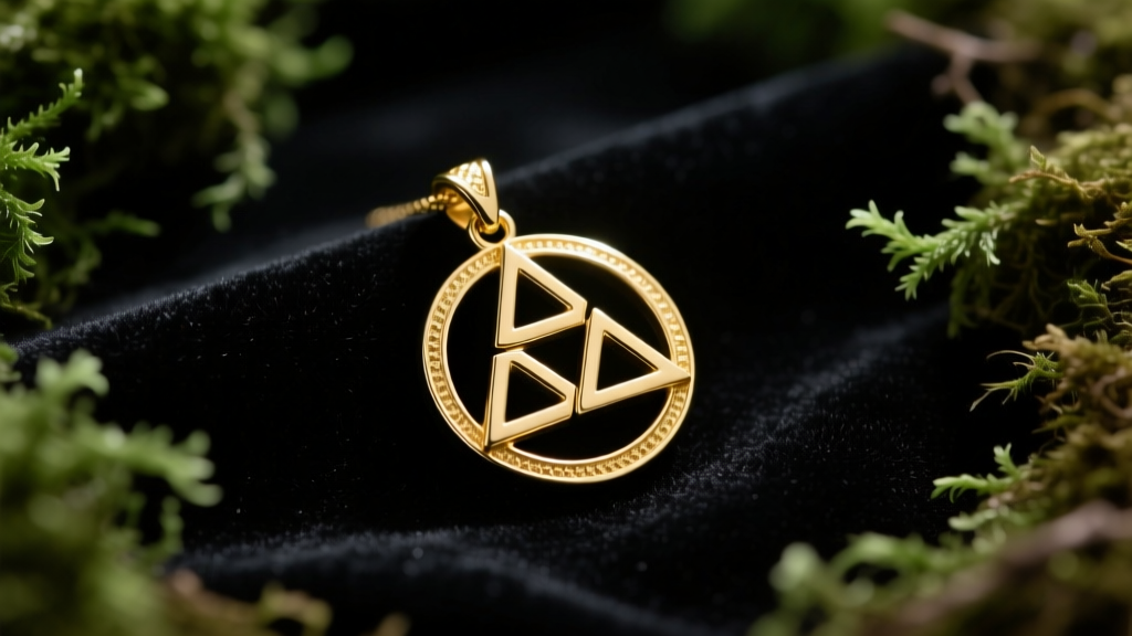 Gold vermeil Triforce pendant on dark velvet with forest moss accents, shot from above with moody lighting and sharp focus.