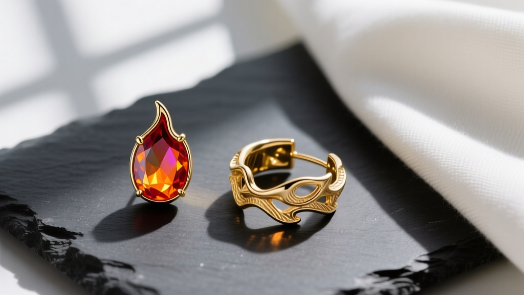 Overhead flat lay of fire opal stud earrings and textured gold flame huggies resting on dark slate next to a microfiber cloth.