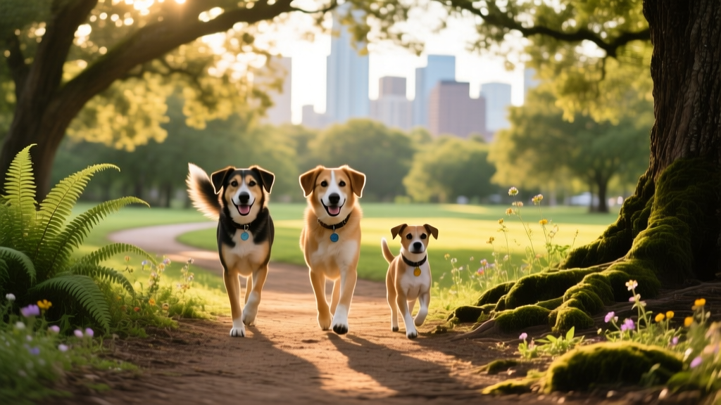 Three dogs walking together on a sun-dappled trail in a lush green park
