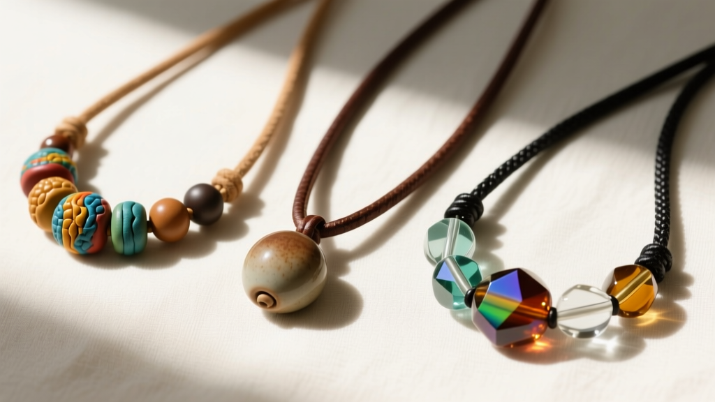 Flat lay of three Camp Half-Blood necklace variations showing polymer clay, ceramic, and glass beads on varying leather cords.