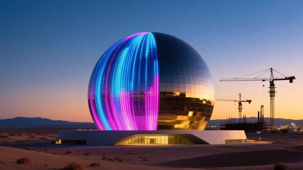 Exterior view of the Las Vegas Sphere illuminated with vibrant LED displays against a twilight desert sky with construction cranes in the distant background