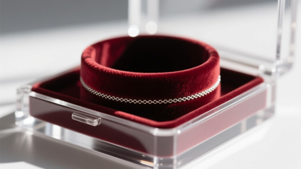Close-up of anti-tarnish velvet lining inside an enclosed acrylic necklace bracelet holder highlighting protective fabric texture.