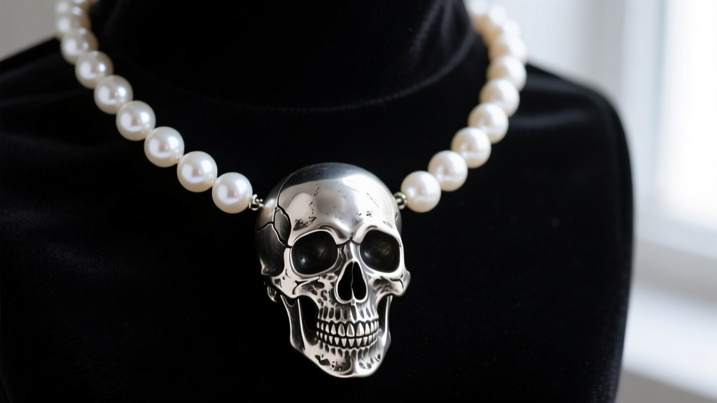 Close-up of a dark coquette pearl skull necklace with white Akoya pearls and an oxidized silver skull pendant on black velvet.