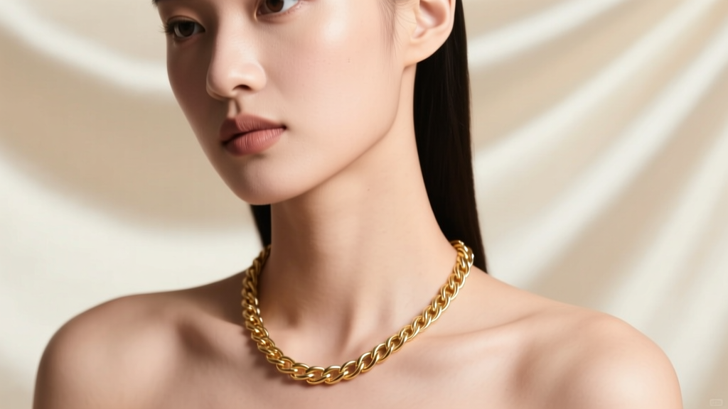 Close-up of a model wearing an 18-inch delicate gold cable chain resting on her collarbone against a soft cream silk backdrop