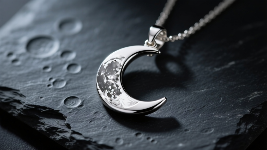 Close-up of a sterling silver crescent moon pendant on dark slate, highlighting engraved lunar craters under soft, moody lighting.