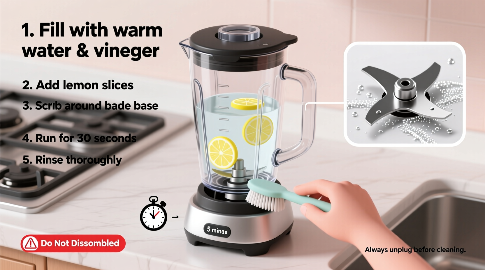 how to deep clean a blender without disassembling the base safely