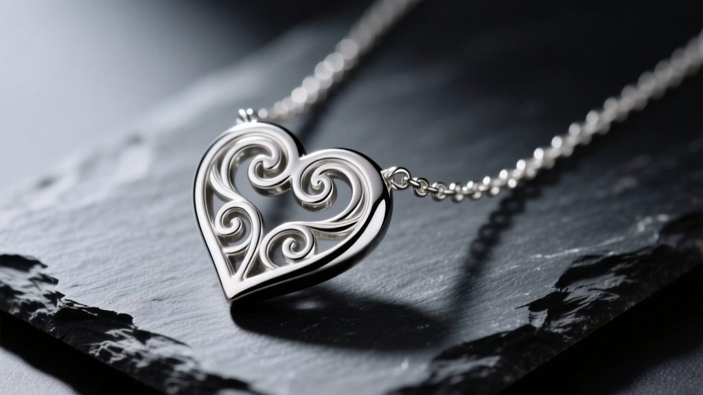 Macro shot of a silver-plated Brighton heart necklace on dark slate, showing reflective rhodium finish and scrollwork engraving.