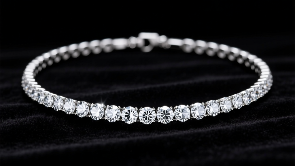 Platinum-plated silver tennis necklace on dark velvet, showing sparkling round-cut cubic zirconia stones in soft studio lighting.