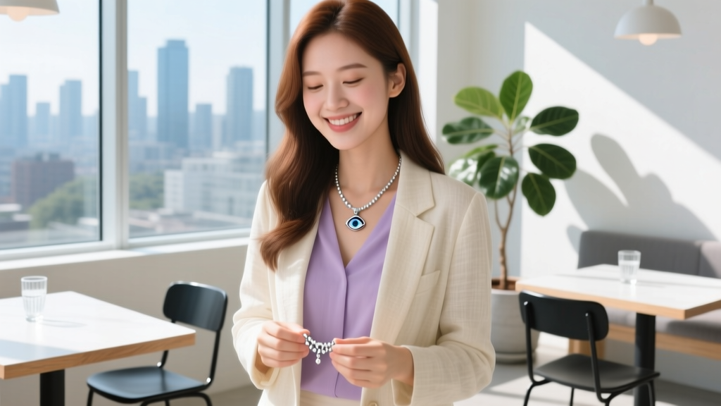 Woman receiving a delicate sterling silver evil eye necklace as a graduation gift, smiling warmly in a bright sunlit modern cafe