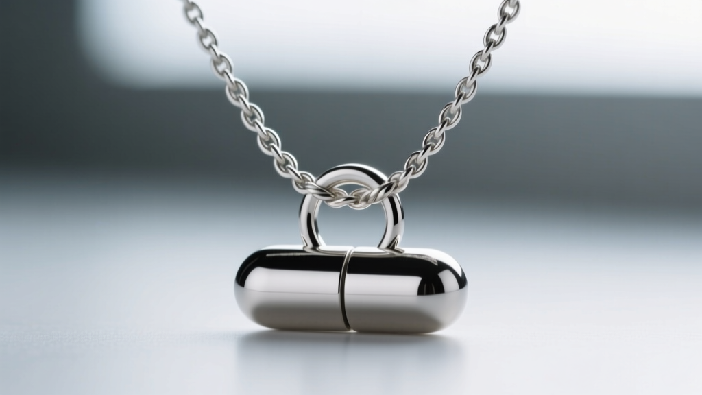Close-up of a hidden bail on a pill necklace, showing a silver rope chain threaded through a seamless welded jump ring loop.