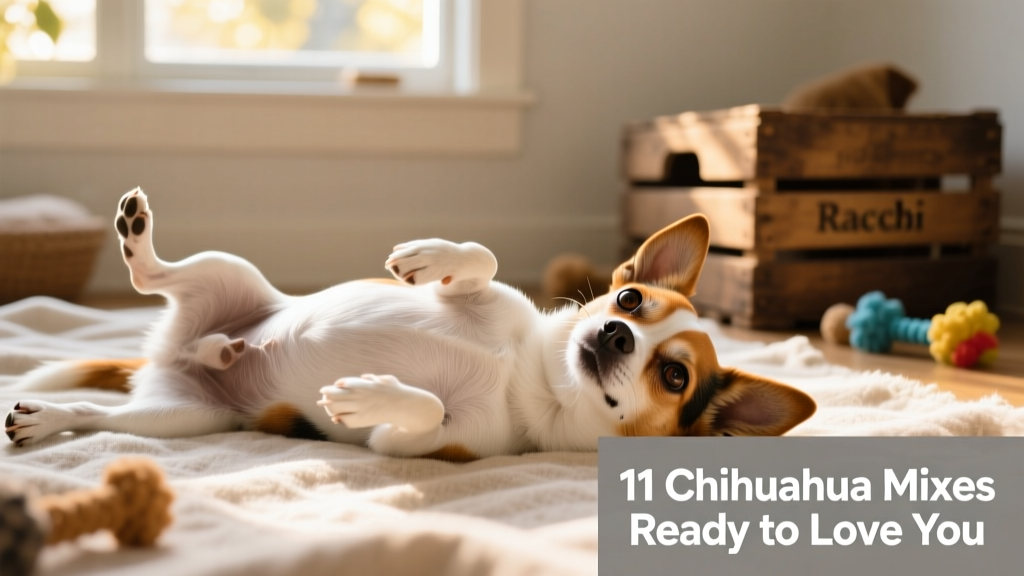 Ratchi, Chihuahua Rat Terrier mix, laying on his back with his white belly showing