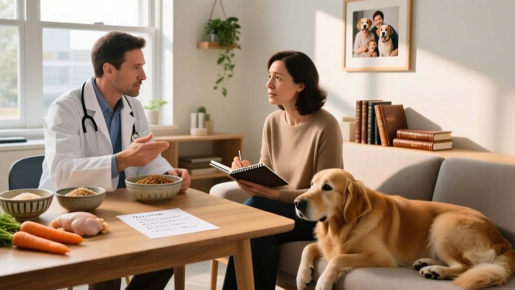 A veterinarian reviewing a homemade dog food recipe with a pet parent during a consultation