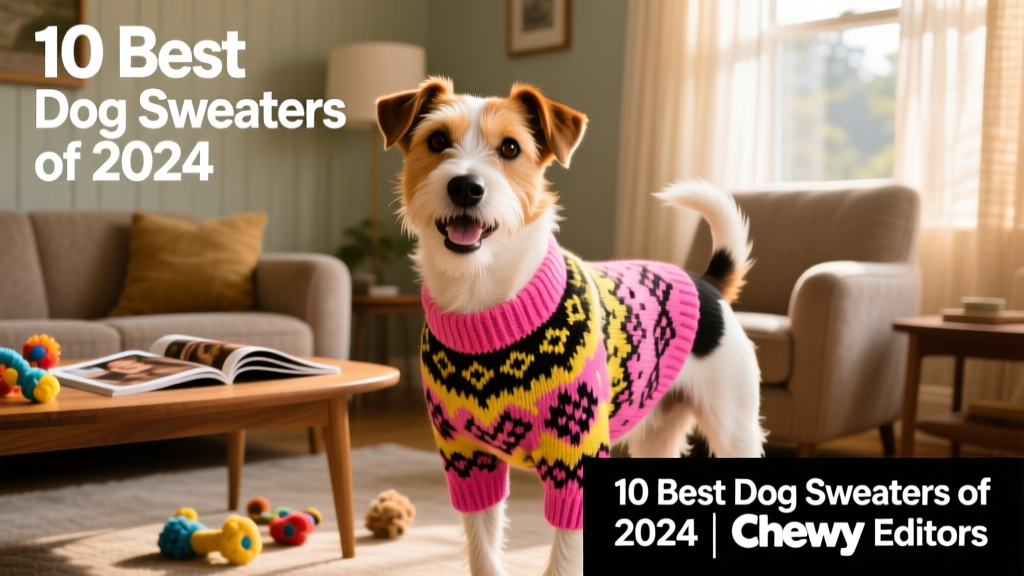 A terrier mix wearing a vibrant pink, yellow, and black Fair Isle sweater, standing against a cozy living room backdrop