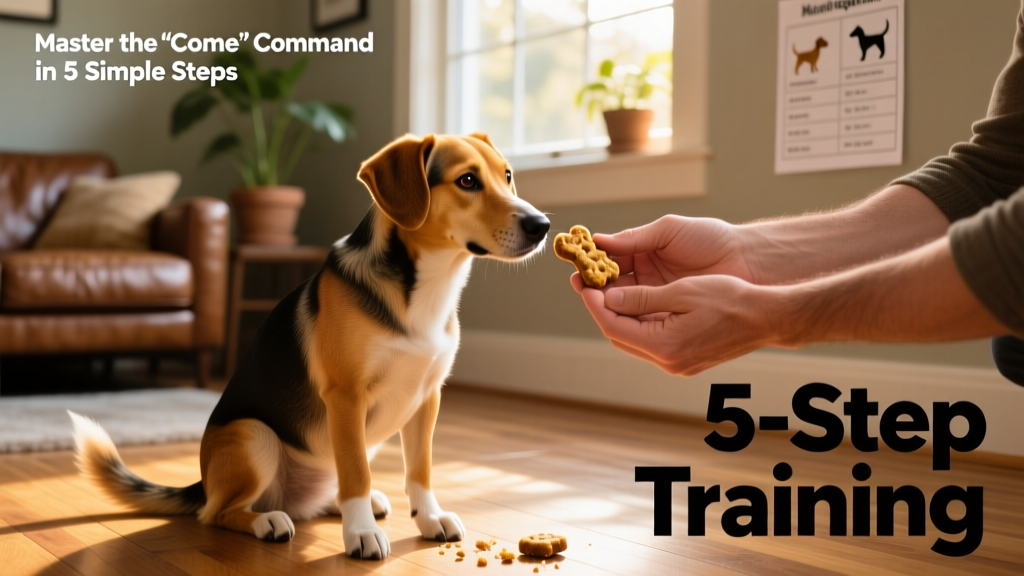 Close-up of hands offering a treat to a dog who’s sitting attentively at the owner’s feet