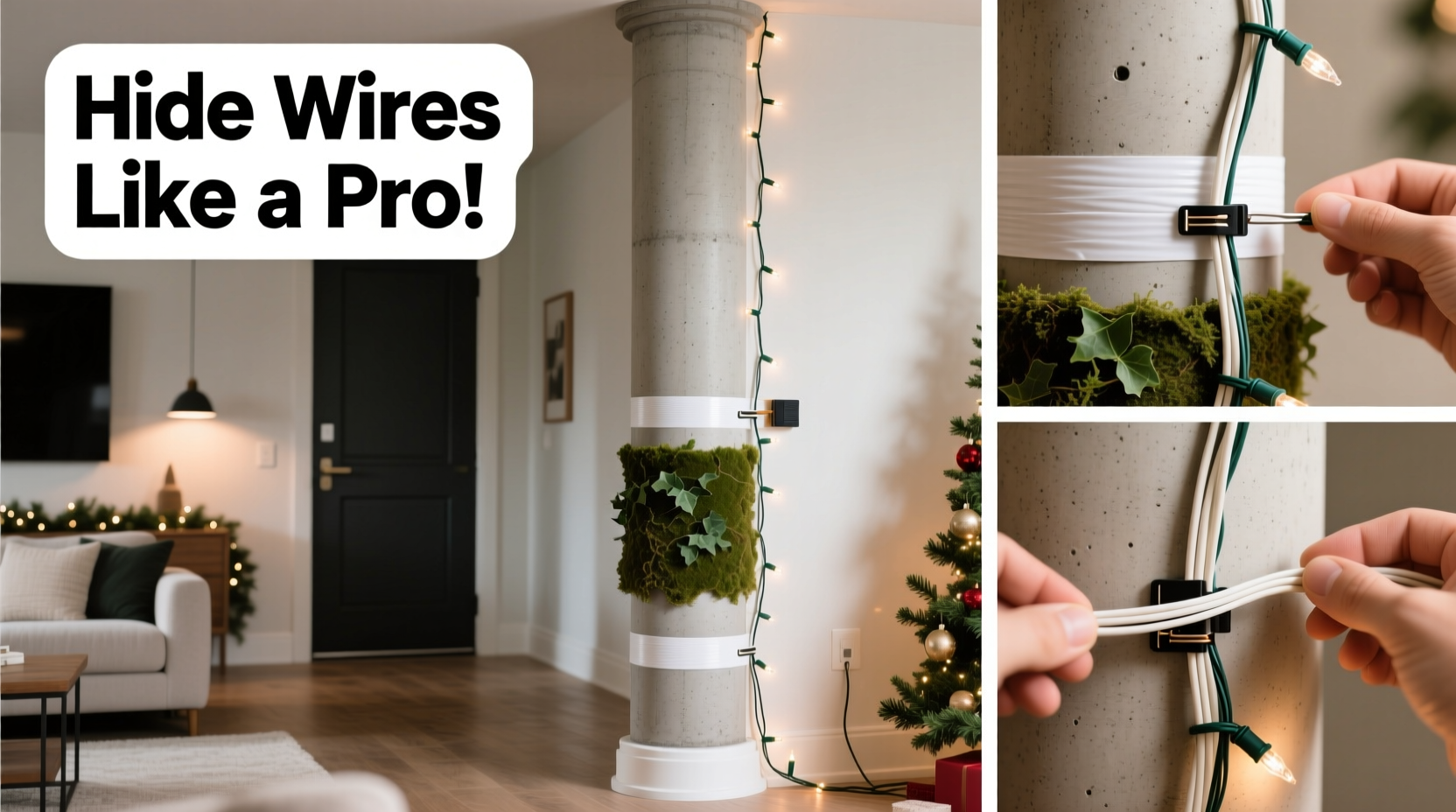 how to hide wires when wrapping columns with christmas lights