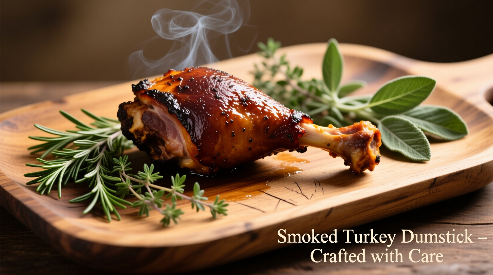 Smoked turkey drumsticks on wooden platter with herbs