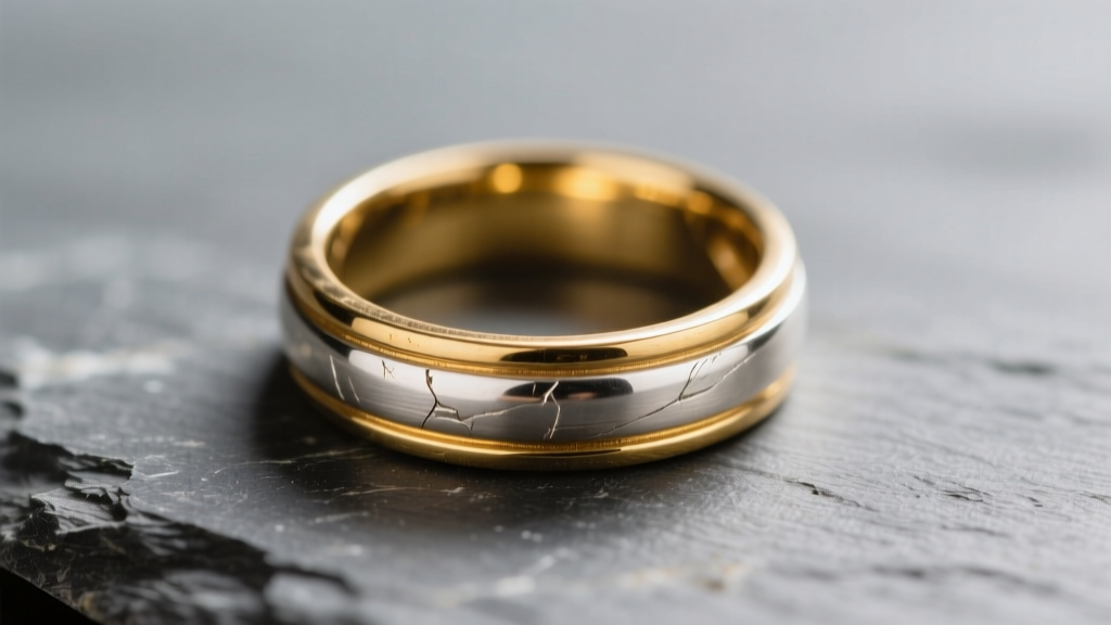 A faded 18k gold vermeil silver ring on slate, showing wear and exposed silver on the polished edge under warm studio lighting