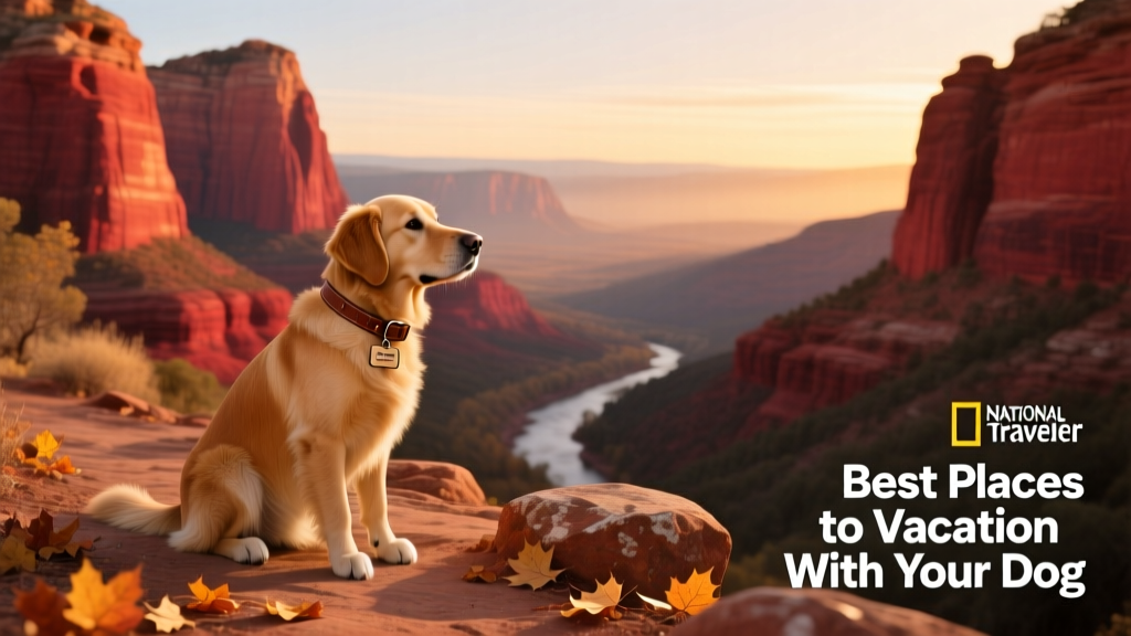 Wide-angle view of Sedona's red rock formations at sunset, with a dog sitting on a trail overlooking Oak Creek Canyon