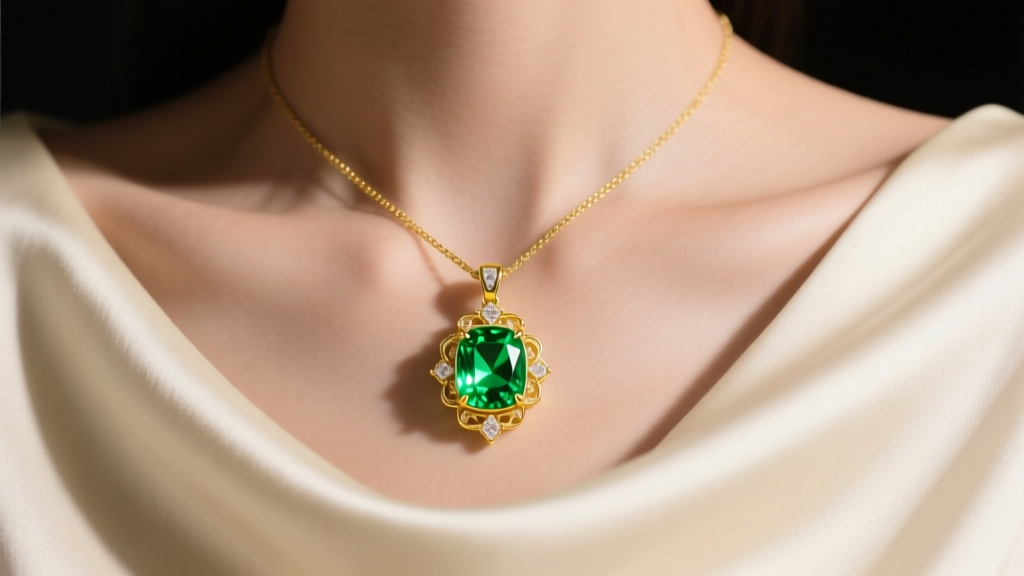 Vibrant chartreuse peridot pendant in 14k yellow gold resting on a collarbone against cream silk, soft studio lighting