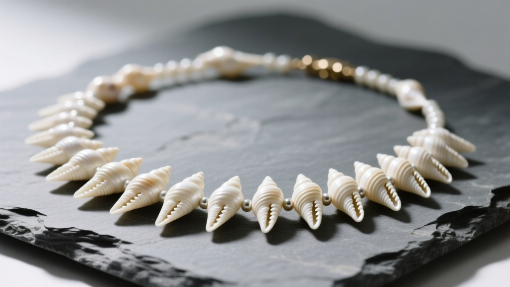 Close-up of a dentalium shell necklace on slate, showing tubular white shells and seed bead spacers under soft studio lighting.