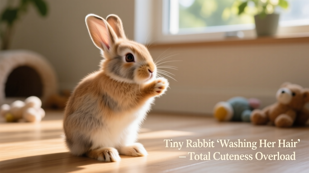 Side view of the rabbit sitting upright while grooming its ear with one front paw