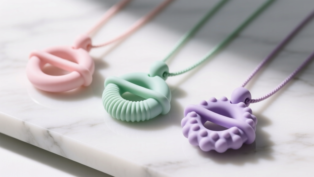 Three silicone necklace chew pendants on marble, displaying smooth, ridged, and bumpy tactile textures in soft pastel colors.