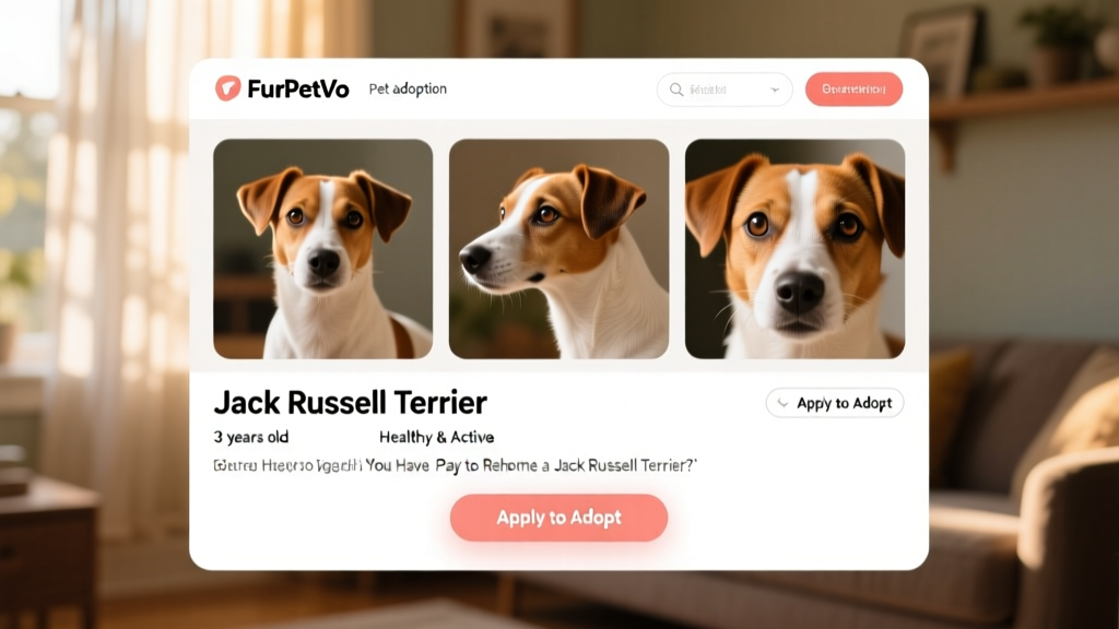 Screenshot of a FurPetVo listing page showing a Jack Russell Terrier's profile with photos, bio, and 'Apply to Adopt' button