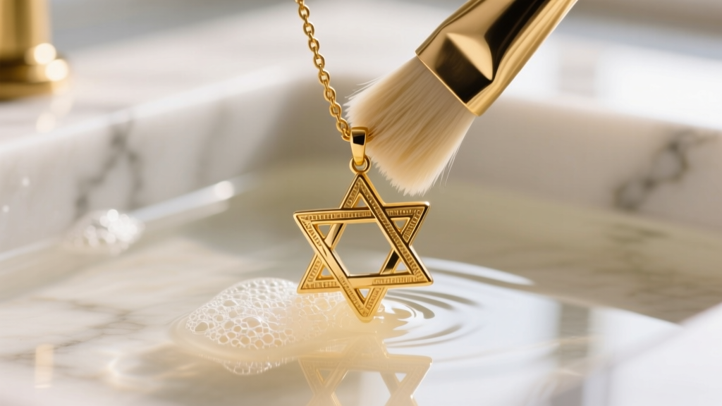 Soft brush gently scrubbing the intricate crevices of an 18k gold Star of David pendant submerged in warm soapy water