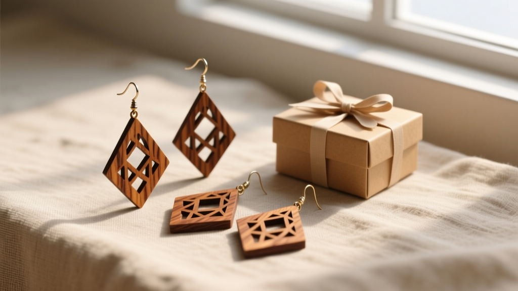 Overhead flat lay of laser cut walnut wood geometric dangle earrings resting on textured linen next to a small kraft gift box