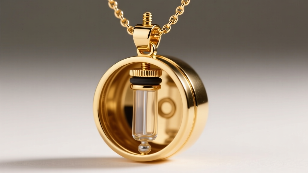Close-up of a 14k gold container necklace displaying the inner glass vial, rubber gasket, and secure screw-top bail mechanism.