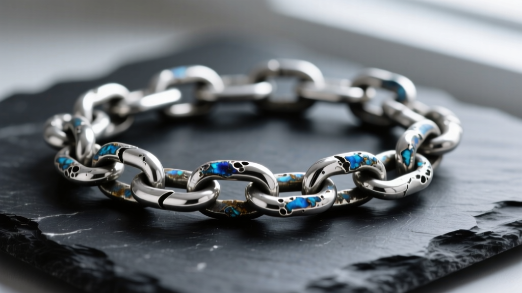 Macro shot of tarnished 925 sterling silver curb chain on dark slate, highlighting dark silver sulfide buildup inside the links