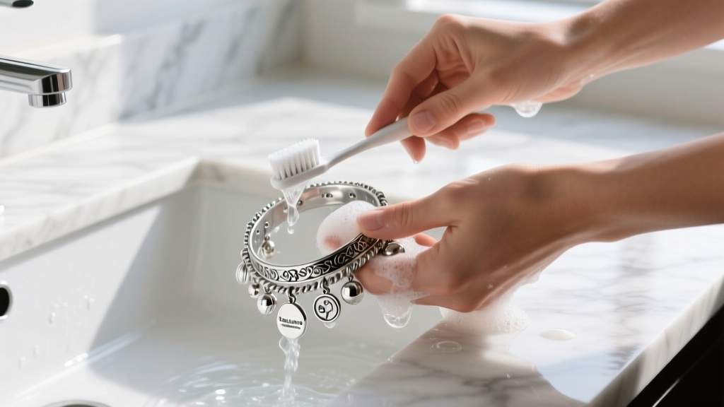 Close-up of hands washing a Brighton silver charm bracelet with a soft toothbrush and soapy water on a white marble counter