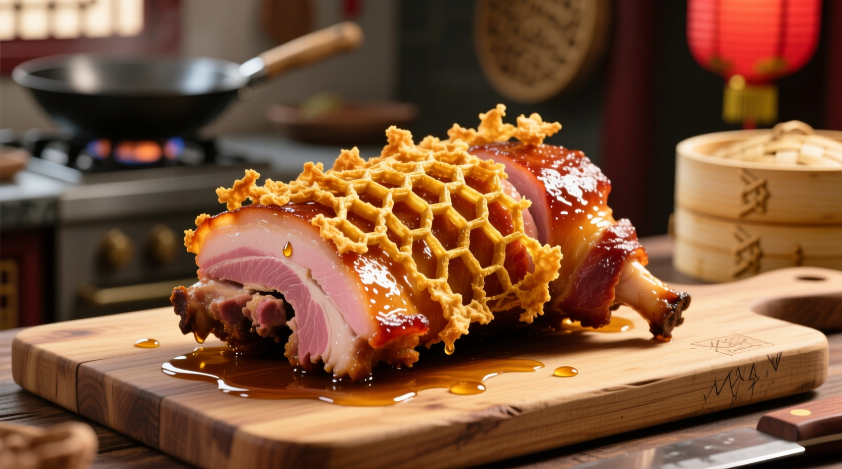 Golden roast pork with crispy crackling on cutting board