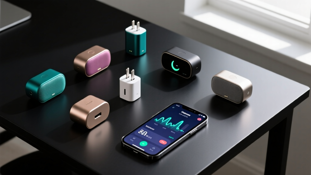 A top-down flat lay of various portable sound masking devices, travel adapters, and a smartphone displaying a sleep-tracking app interface on a dark desk.