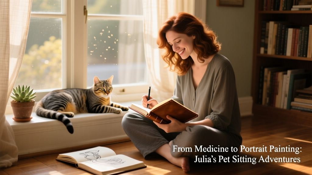 Julia sketching a relaxed cat on a sunlit windowsill